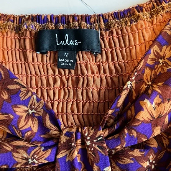 Lulus Dress Size Medium Purple Orange Floral Cutout Tie Front Balloon Sleeve - Picture 4 of 13